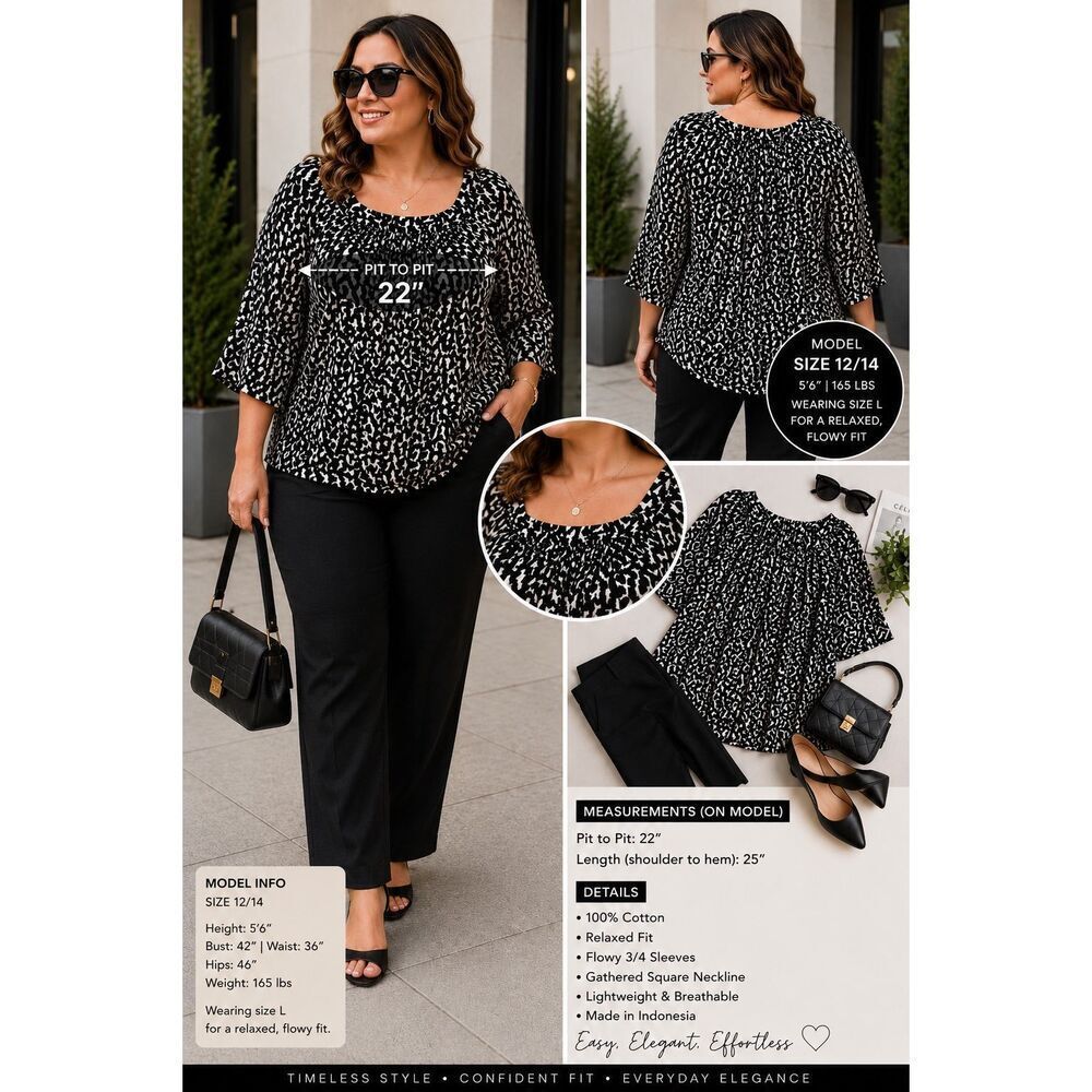 Style & Co Large Black Cream Abstract Print Top Dolman Sleeve Boho Tunic Blouse
